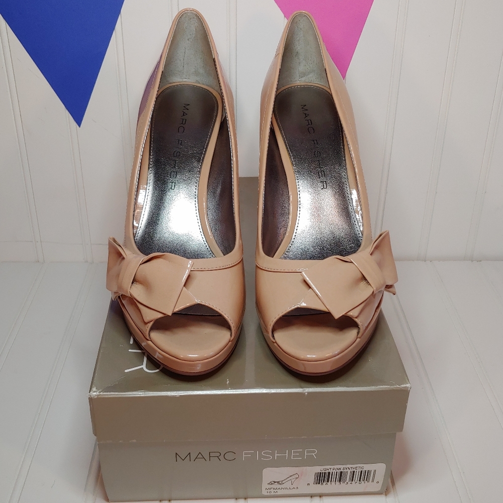 Marc Fisher Manilla Open Toe Light Pink/Nude Platform Heels with Bow size 10